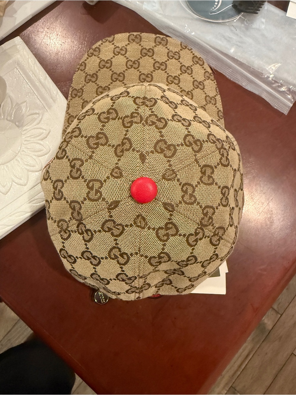 Gucci Beige Monogram Baseball Cap with Red Top Accent